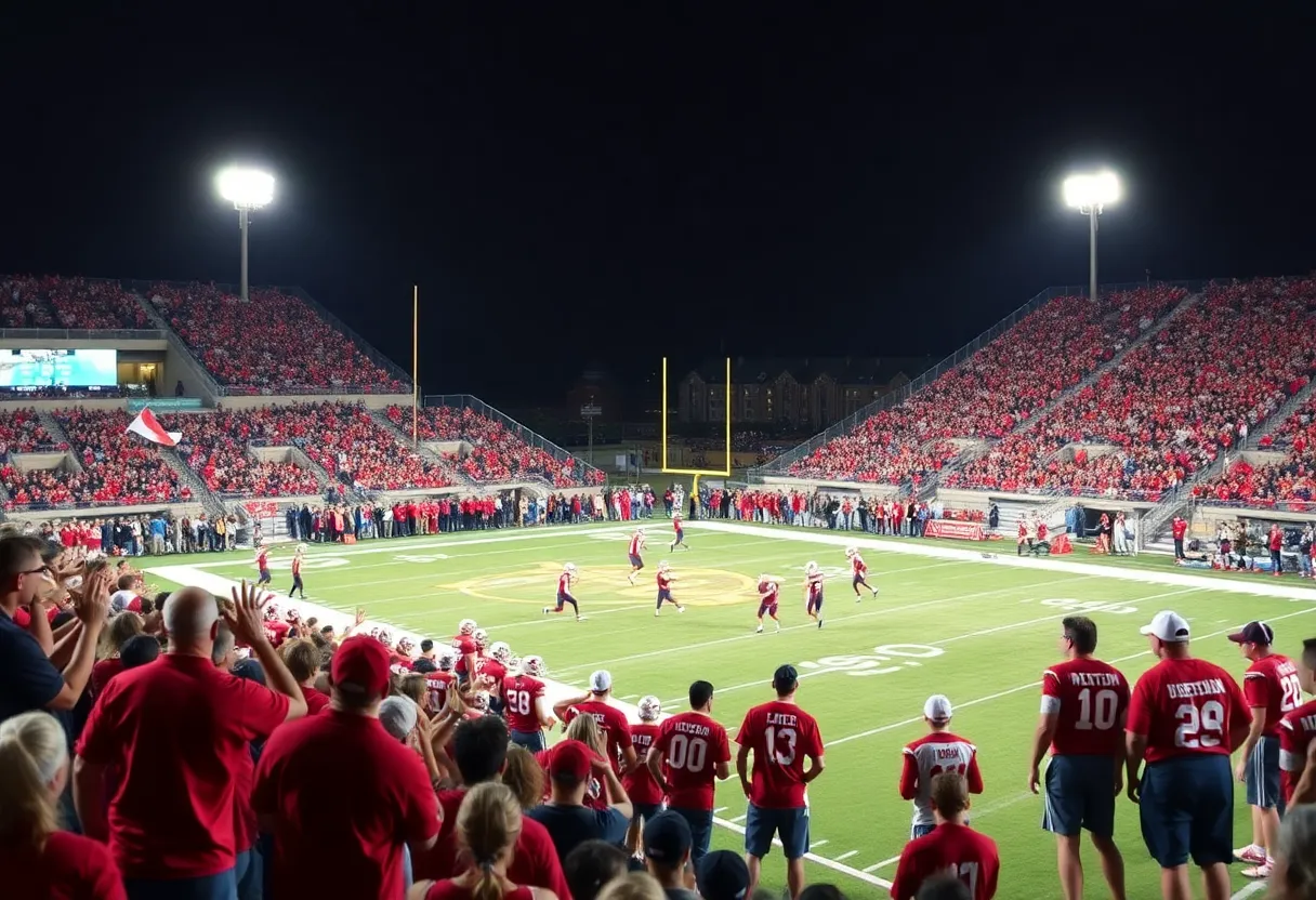 Players in action during a high school football game with fans cheering in the background