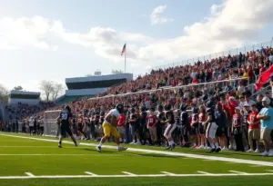 Action shot from a high school football game with players on the field.