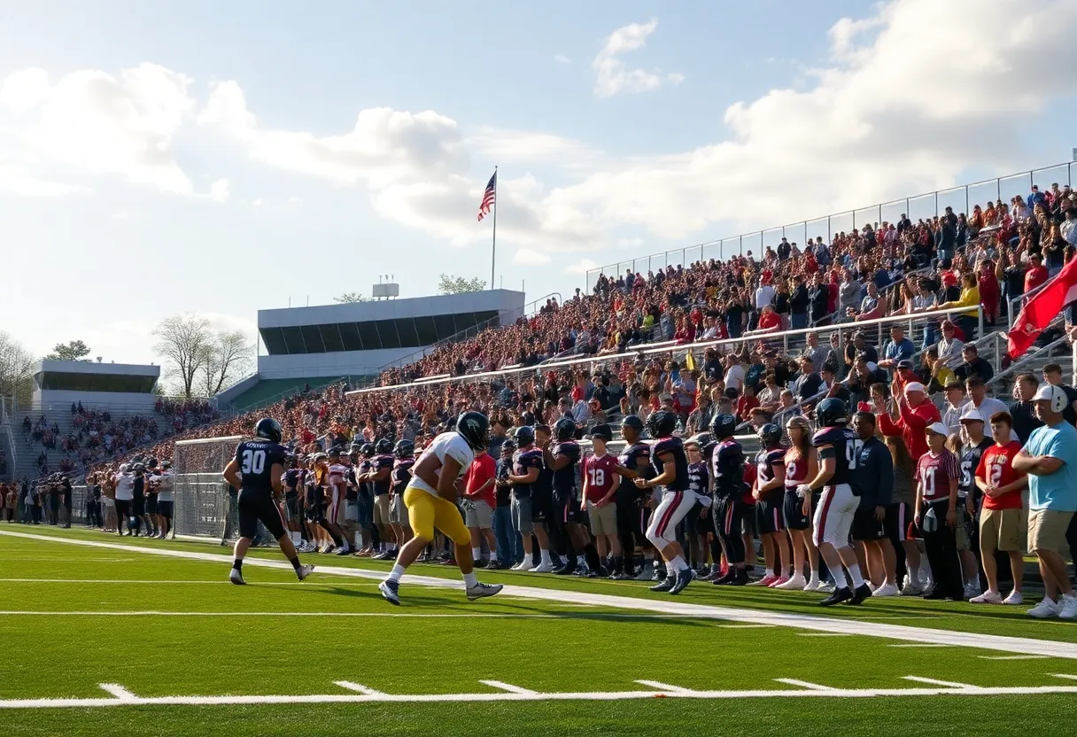 Action shot from a high school football game with players on the field.
