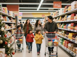 Families shopping at H-E-B during the holiday season.