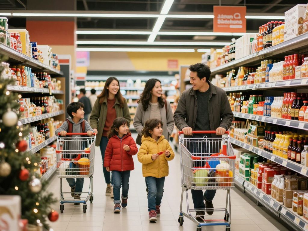 Families shopping at H-E-B during the holiday season.