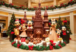 Life-size chocolate display celebrating Disneyland's 70th anniversary at Hilton Americas-Houston.