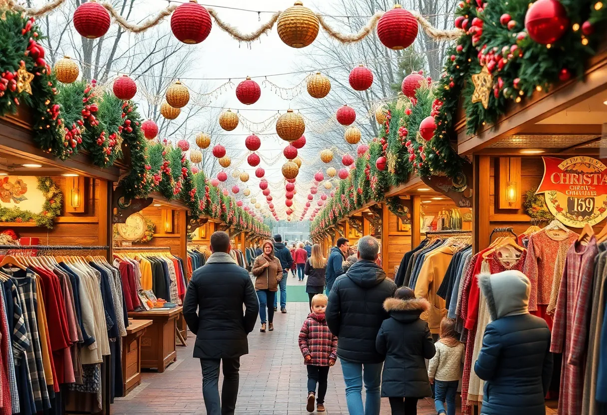 Families enjoying the holiday market in Humble TX with colorful decorations.