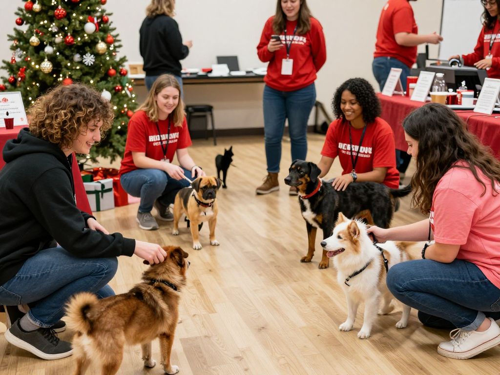 Families interacting with pets at a holiday adoption event in Houston.