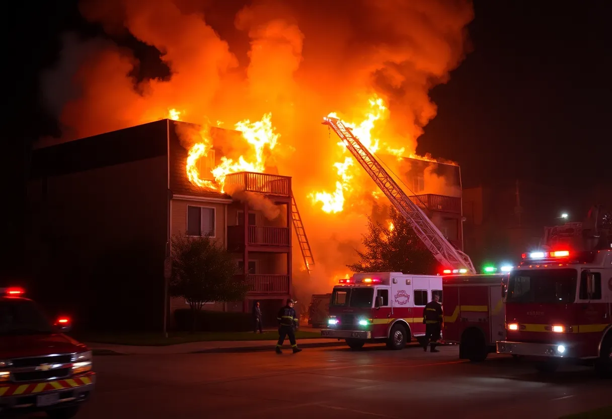 Houston firefighters battling a massive apartment fire at night.