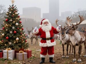 Santa and Rudolph celebrating Christmas in foggy Houston