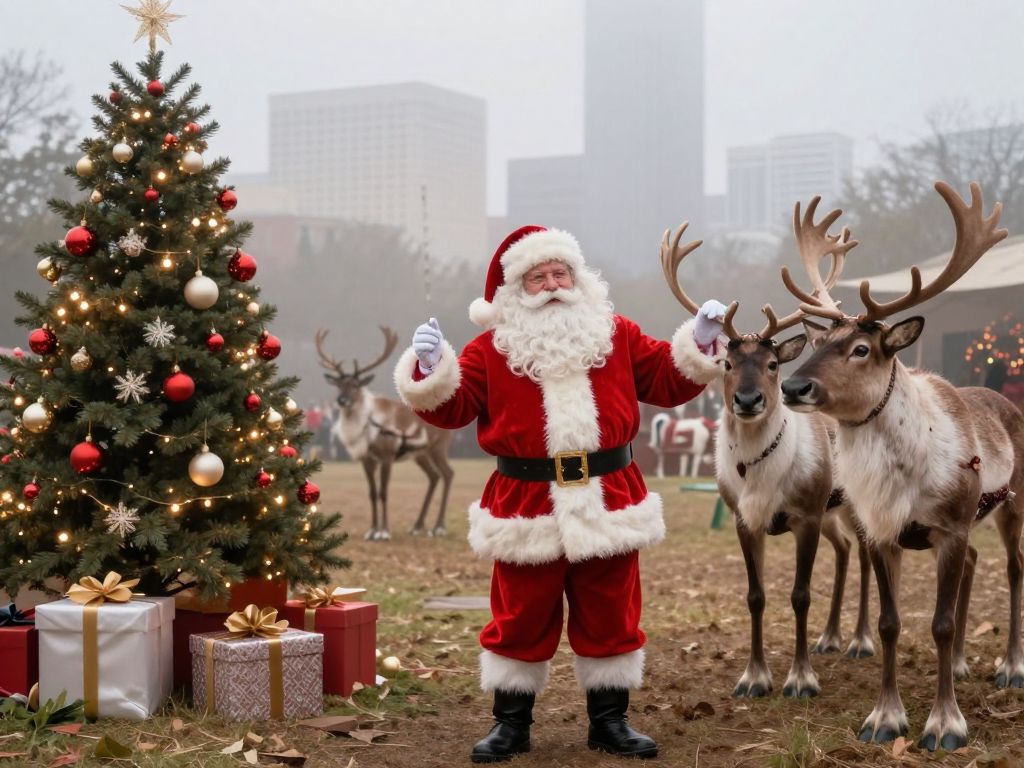 Santa and Rudolph celebrating Christmas in foggy Houston