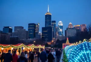 Houston skyline adorned with Christmas lights and decorations during festive events.