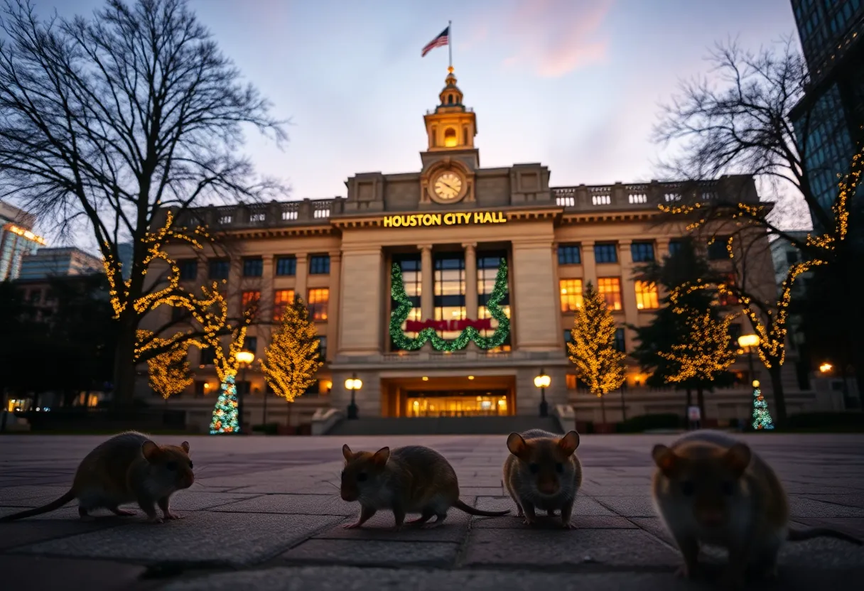 Houston City Hall with holiday decorations and visible rodents nearby