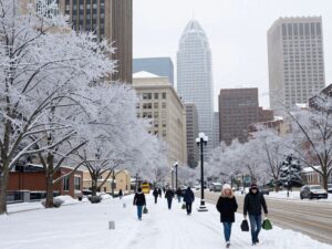 Houston cityscape under cold weather conditions with snow
