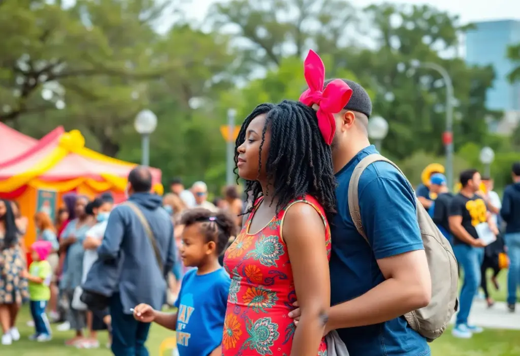 Families enjoying community events in Houston's cultural festival.