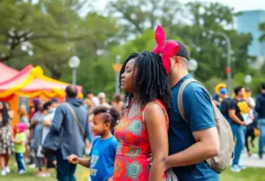 Families enjoying community events in Houston's cultural festival.