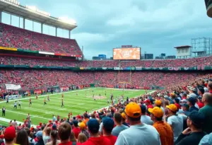 Fans cheering at the Texas Bowl game between Houston Cougars and LSU Tigers