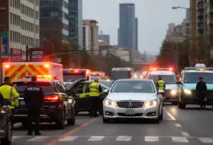 Scene of a four-vehicle crash in Houston with police and emergency services
