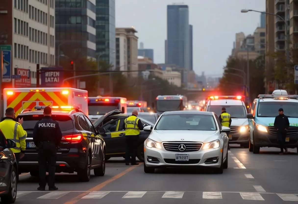 Scene of a four-vehicle crash in Houston with police and emergency services