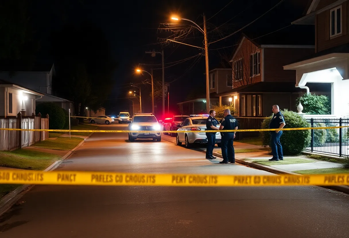 Police officers investigating a crime scene at night in Houston's Denver Harbor