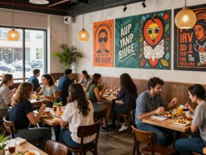 Patrons dining at a new restaurant in Houston with diverse culinary offerings.