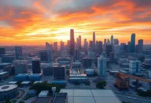 A view of Houston's energy infrastructure at sunset.