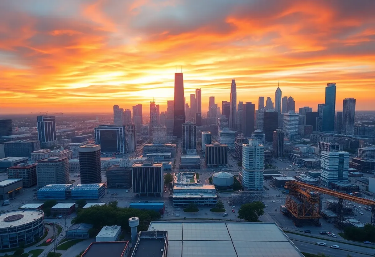 A view of Houston's energy infrastructure at sunset.