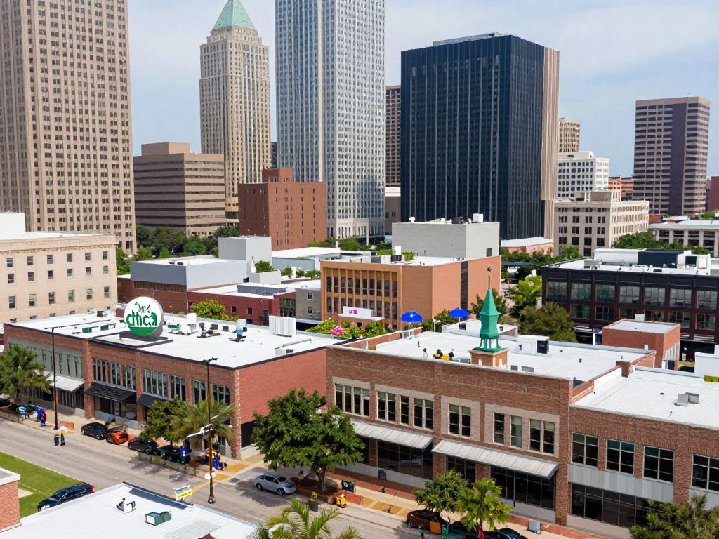 Houston skyline with businesses engaged in ethical practices.