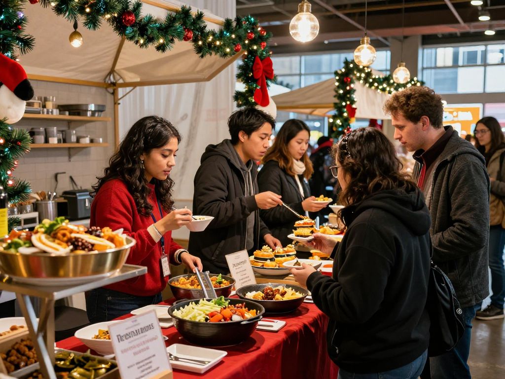 A lively scene from Houston's festive food events showcasing diverse dishes and decorations.