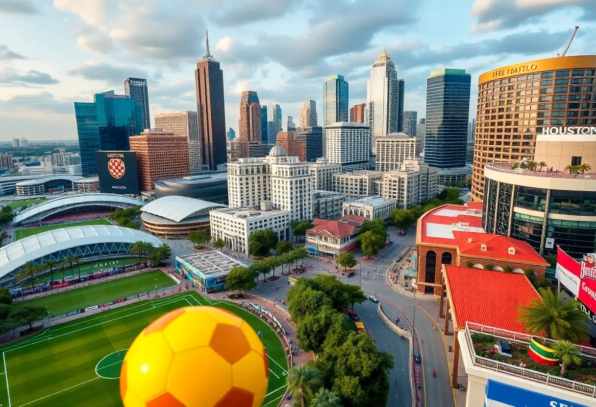 Vibrant cityscape of Houston with soccer-themed decorations