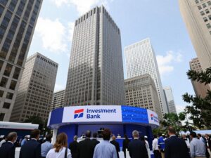 Aerial view of Houston's financial district showcasing modern buildings and business activities.
