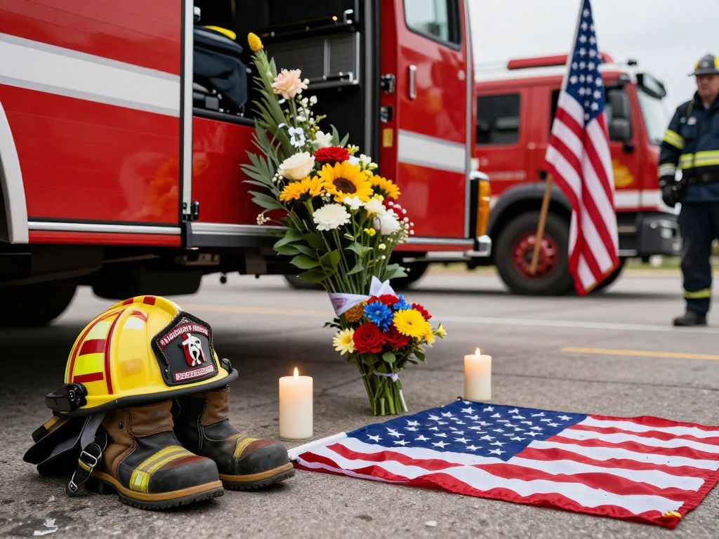 Memorial display honoring a fallen Houston firefighter with flowers and candles