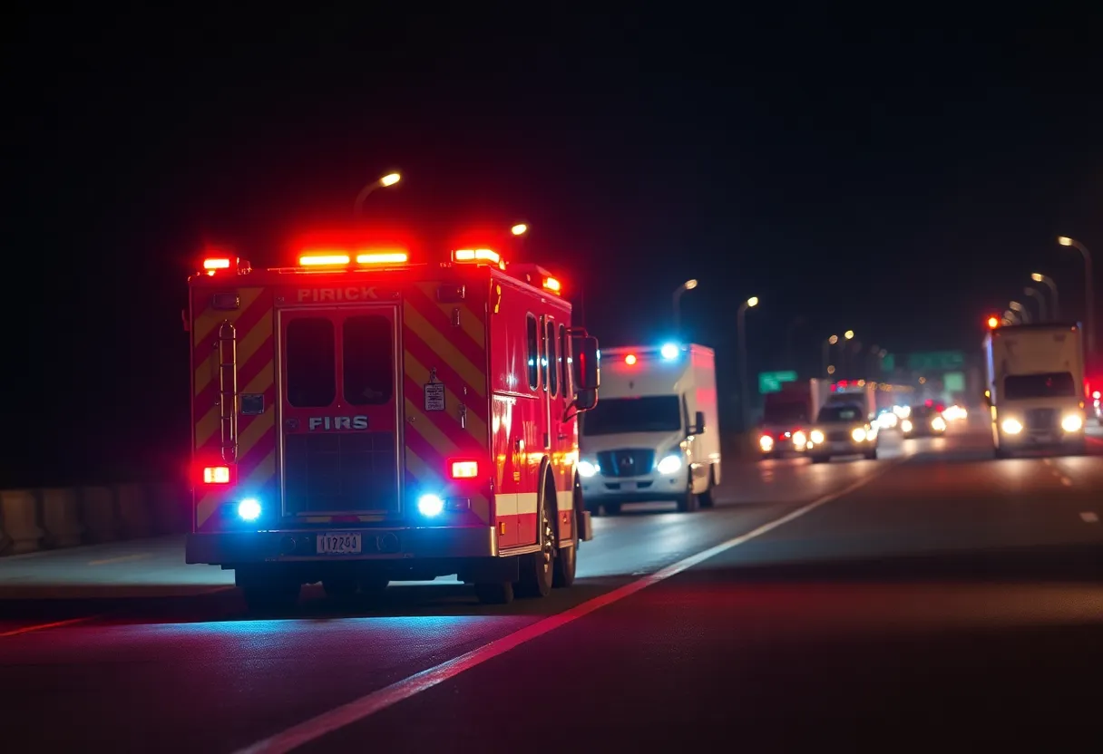 Scene of Houston firefighters and an 18-wheeler on the freeway
