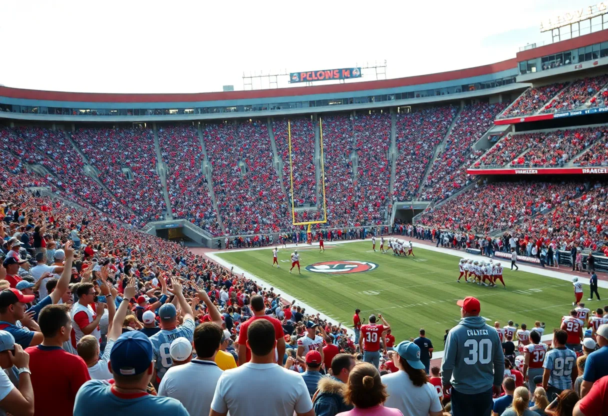 Exciting atmosphere at a college football game with cheering fans and players
