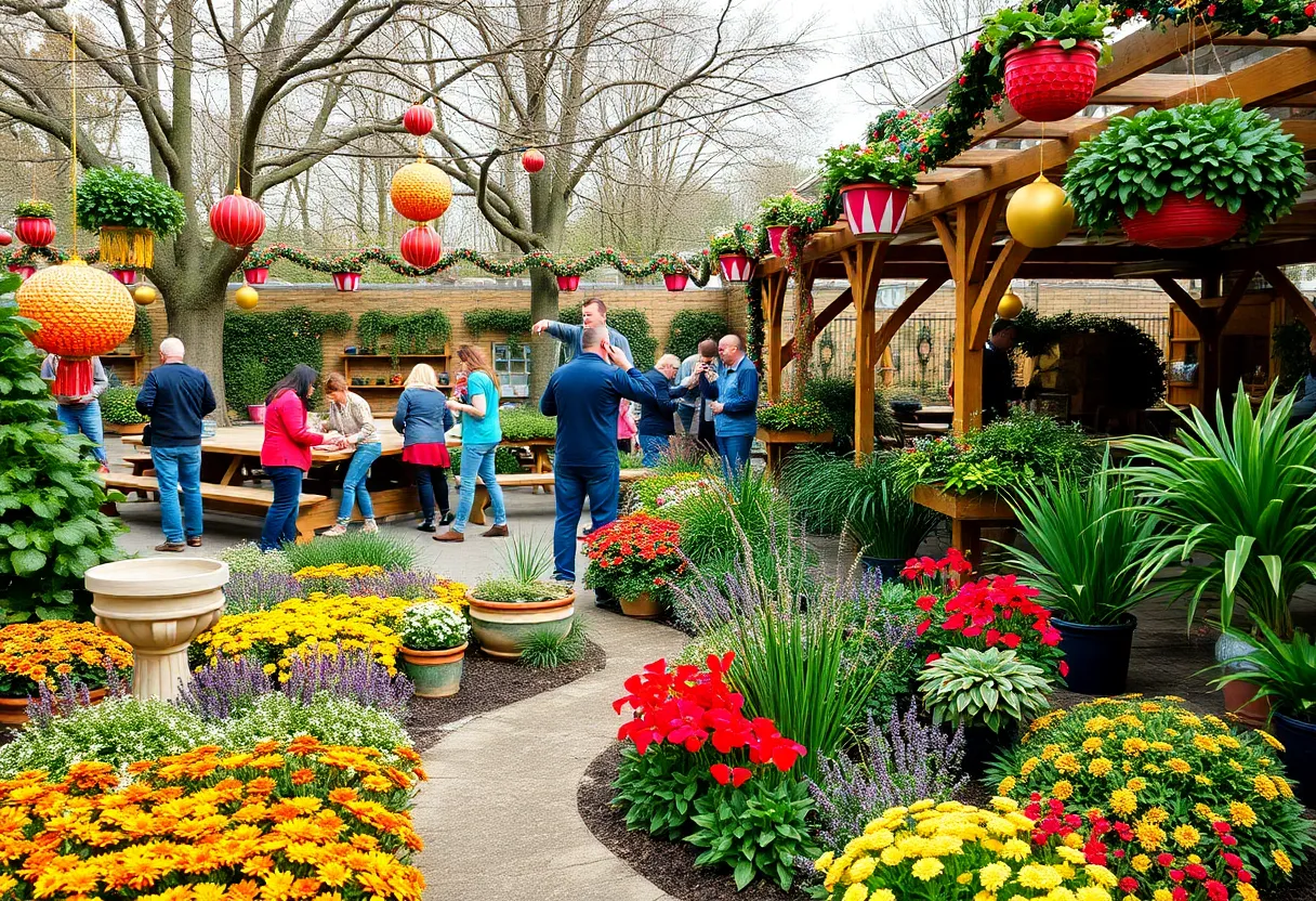 Outdoor garden event with decorations and people in Houston