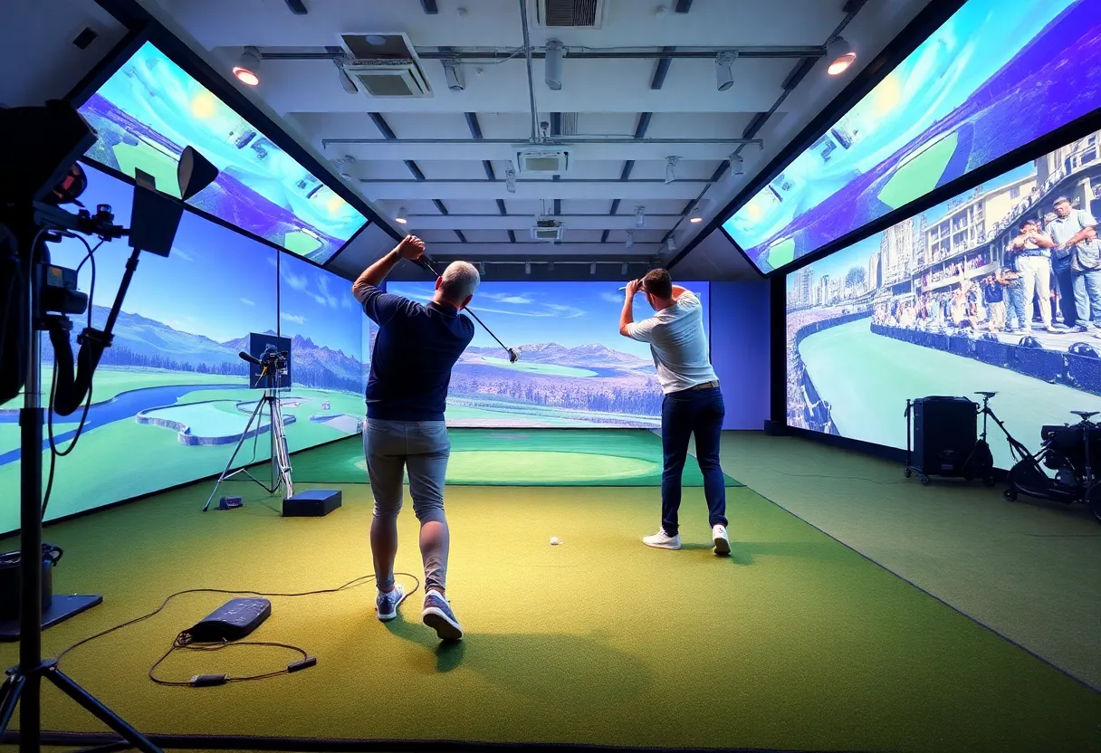 Interior of a golf simulator facility with players engaged in practice.