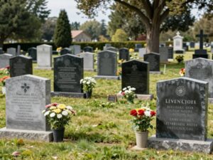 Serene cemetery with headstones and flowers in Houston