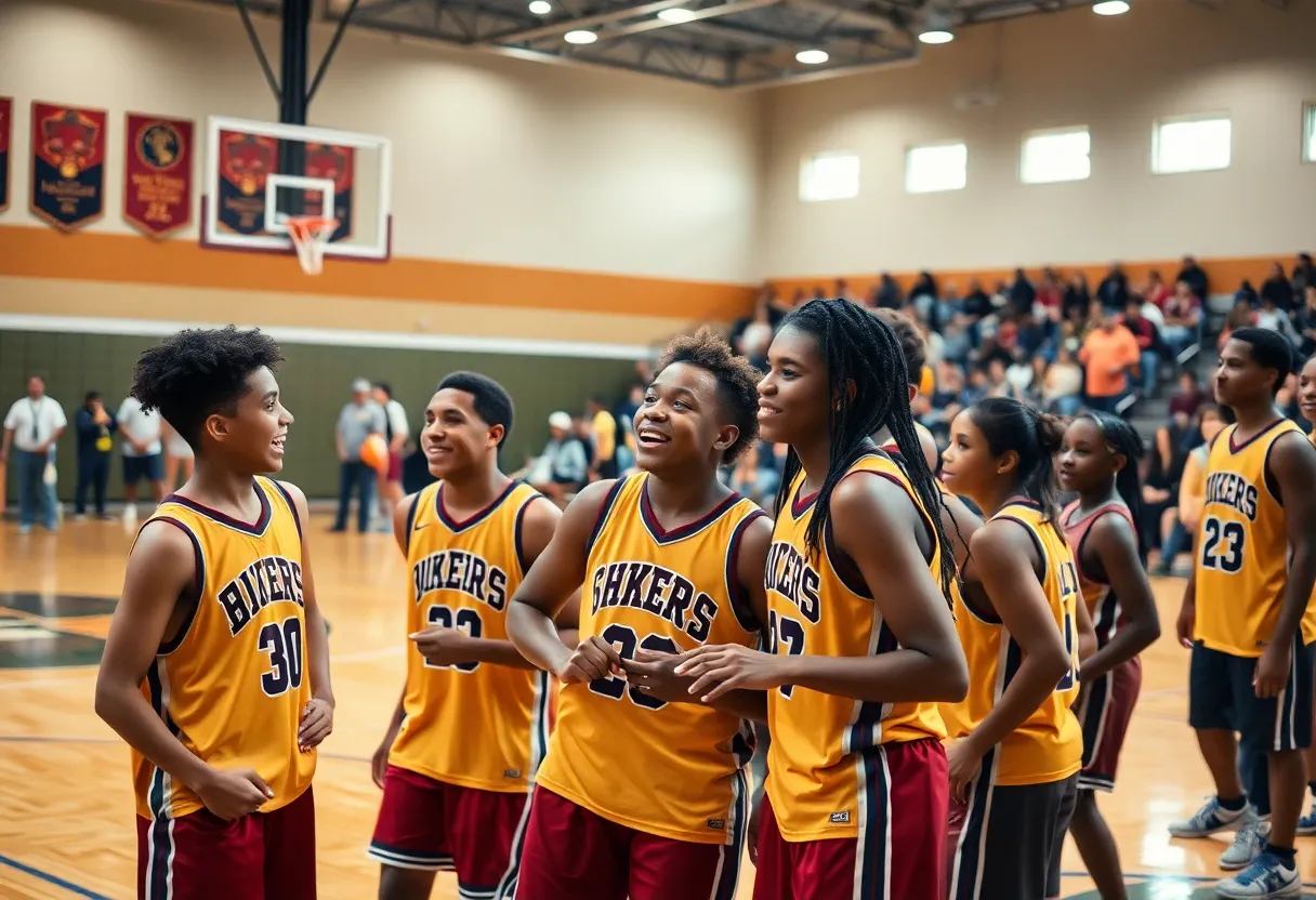 Players engaged in high school basketball game, showcasing teamwork and enthusiasm.