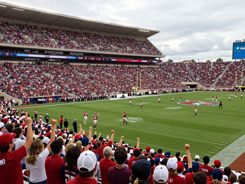 Crowd cheering in a vibrant football stadium during a high school football championship game in Houston.