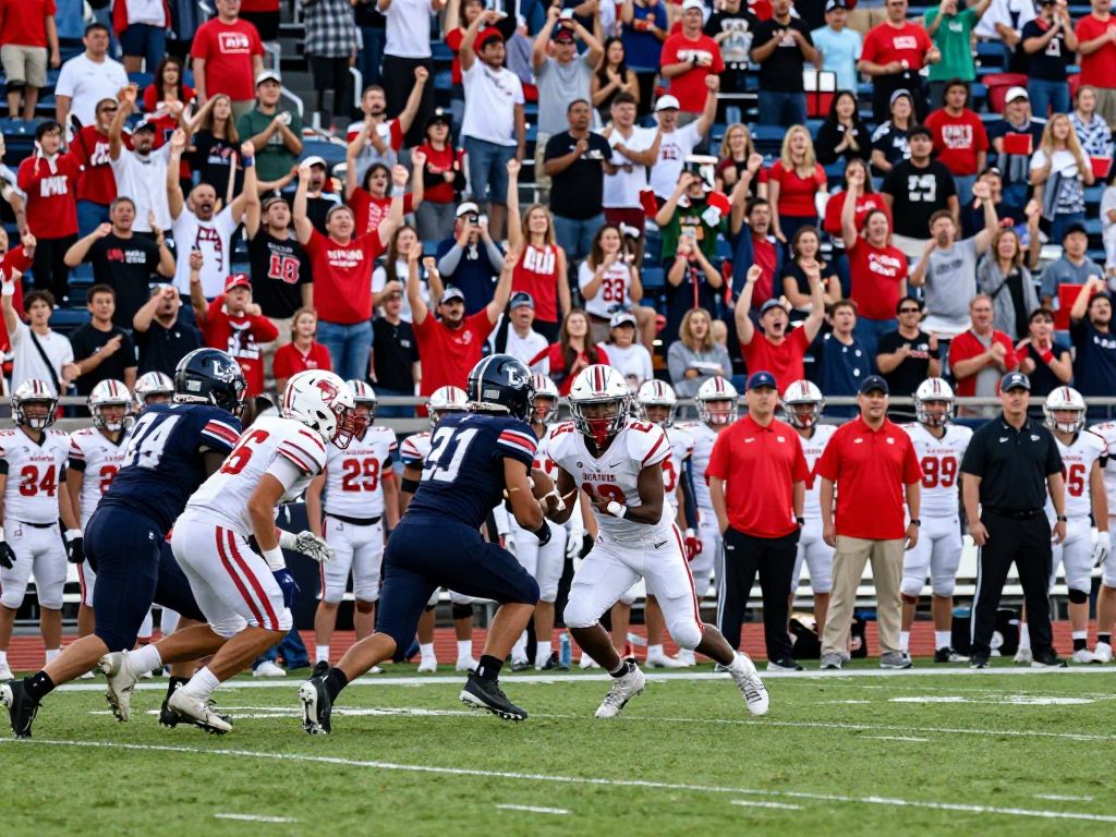 High school football players in action during a game in Houston