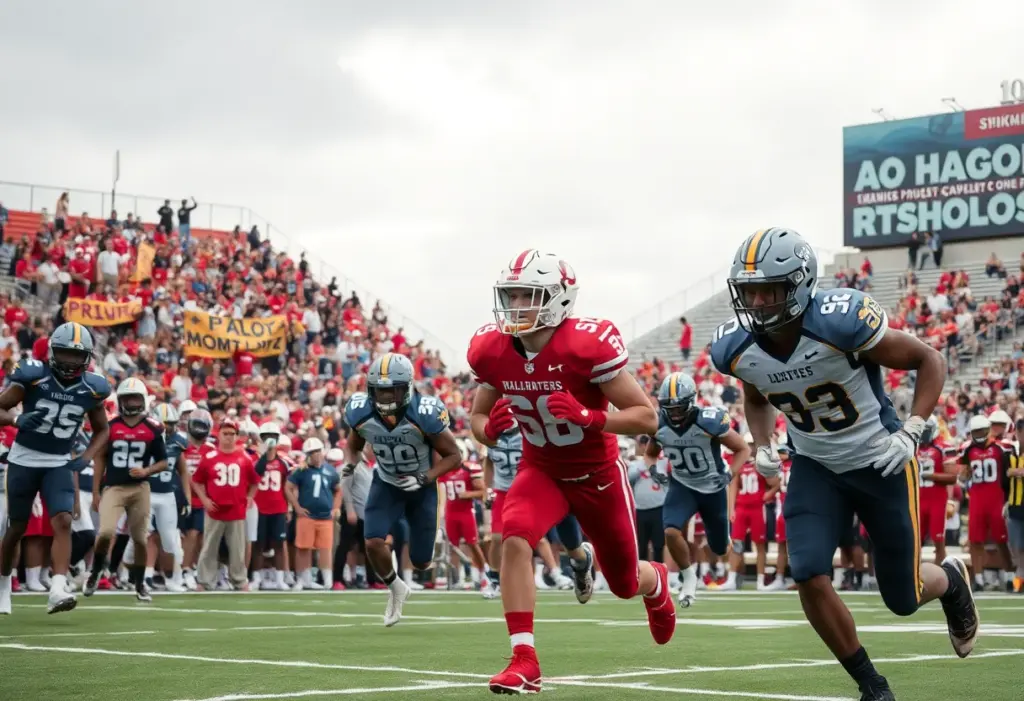 High school football players in action during a game in Houston