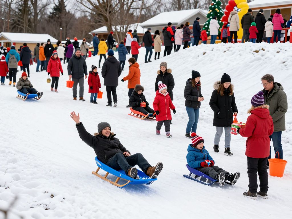 Families enjoying the Houston Third Ward holiday festival with Santa Claus and festive decorations.