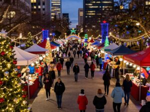 Festive holiday scene in Houston with lights and community activities