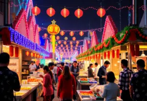 Families enjoying food at a holiday festival in Houston