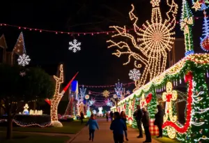 Festively decorated Houston neighborhood with holiday lights