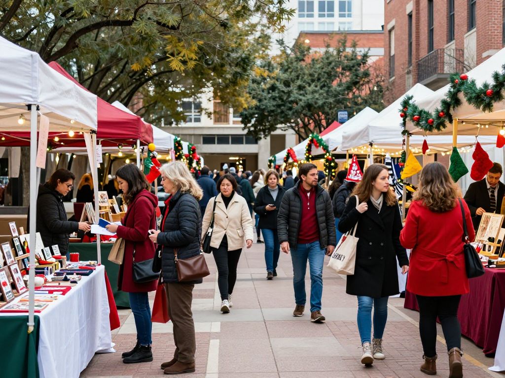 Vibrant holiday market in Houston with local artisans showcasing their crafts.