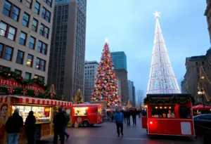 A large illuminated Christmas tree at Houston City Hall during the holiday event.