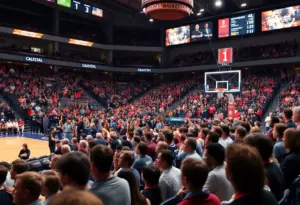 Exciting atmosphere of a college basketball game with fans cheering
