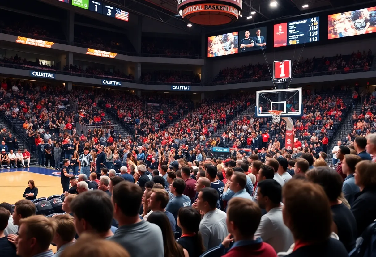 Exciting atmosphere of a college basketball game with fans cheering