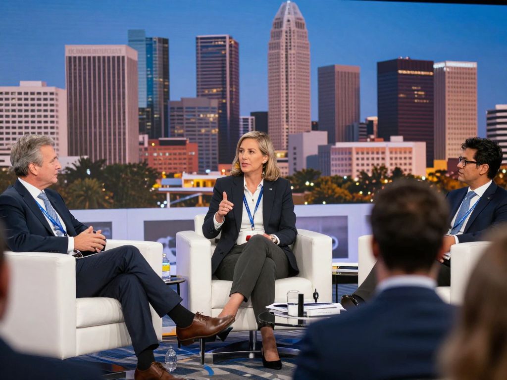 Professionals discussing energy arbitration in Houston conference setting