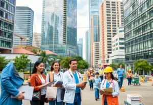An image portraying Houston's job market growth with professionals in healthcare, construction, and education.