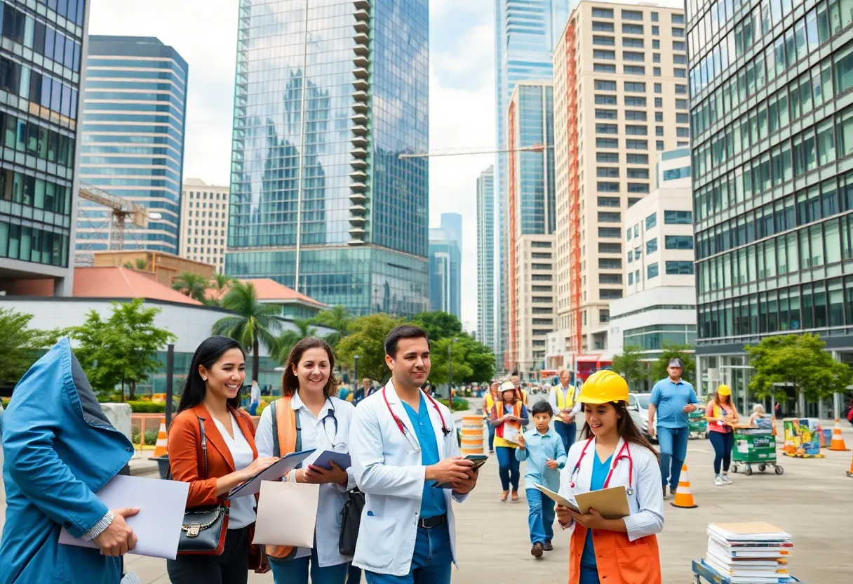 An image portraying Houston's job market growth with professionals in healthcare, construction, and education.