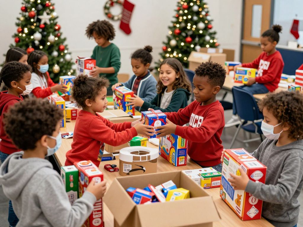 Children enjoying toy donations at a holiday event in Houston.