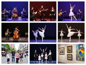 A collage of various live events in Houston, including concerts, ballet, and family activities.